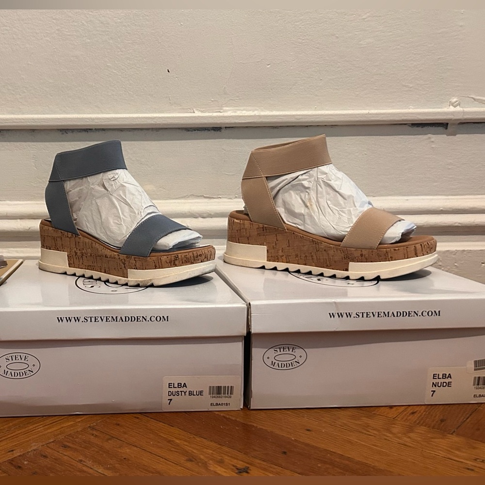 Steve Madden Dusty Blue and Tan Platform Sandals